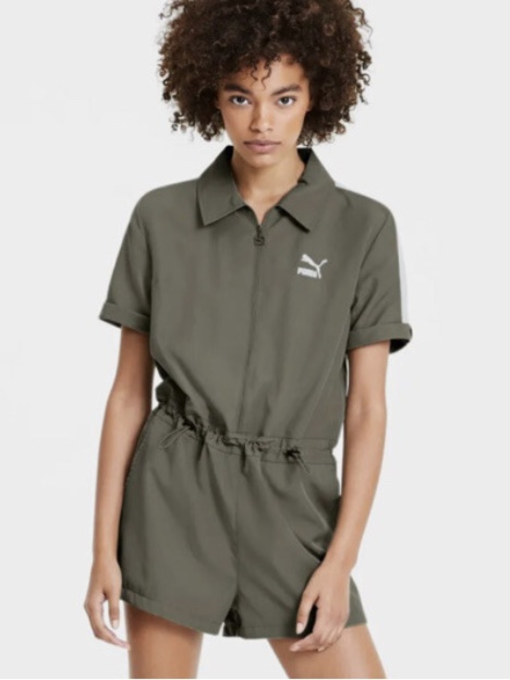 PUMA Classic Woven Utility Jumpsuit Deep Lichen Olive Green Women’s Size Medium